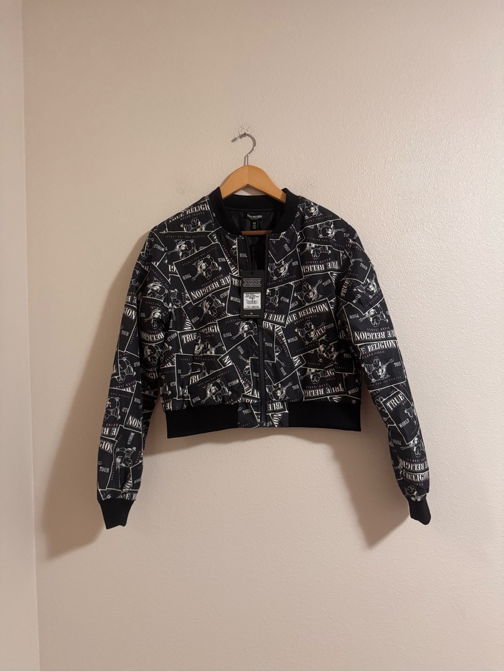 NWT True Religion Black Graphic Cropped Bomber Jacket
